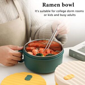 Microwave Ramen Cooker Ramen Bowl Set Microwave Ramen Bowl with Lid and Handle Ramen Noodle Bowl with Chopsticks Stainless Steel Liner Dishwasher Safe for College Dorm Office Home(Yellow&Green)