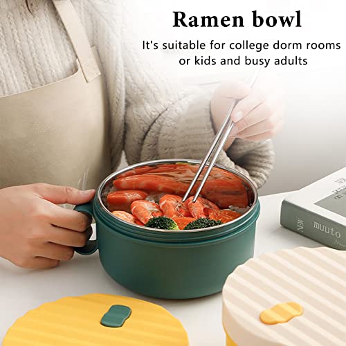 Microwave Ramen Cooker Ramen Bowl Set Microwave Ramen Bowl with Lid and Handle Ramen Noodle Bowl with Chopsticks Stainless Steel Liner Dishwasher Safe for College Dorm Office Home(Yellow&Green)