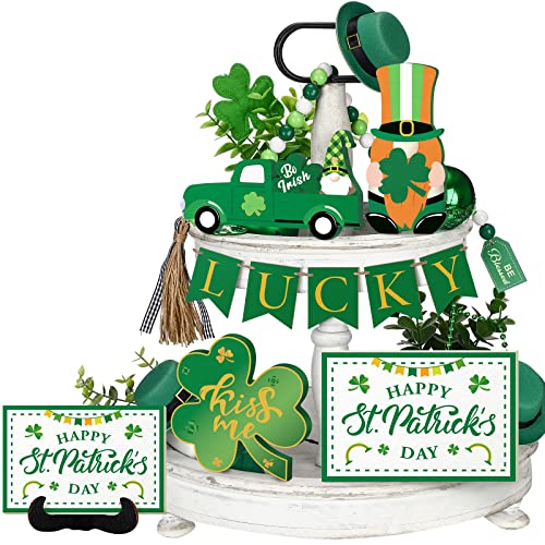 14 Pieces St. Patrick's Day Tiered Tray Decor Set Irish Saint Patrick Themed Tray Decor Home Table Including Shamrock Wood Bead Garland Truck Wood Gnome Farmhouse Sign Tabletop Decorations