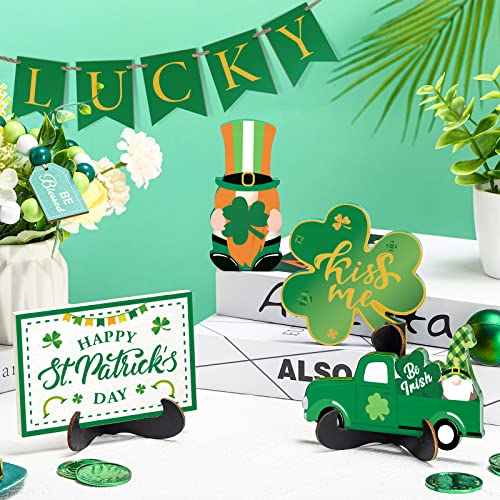 14 Pieces St. Patrick's Day Tiered Tray Decor Set Irish Saint Patrick Themed Tray Decor Home Table Including Shamrock Wood Bead Garland Truck Wood Gnome Farmhouse Sign Tabletop Decorations