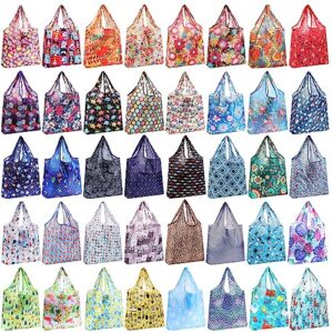 40 pcs reusable grocery bags foldable reusable shopping bags polyester heavy duty tote bags with attached pouch and handles waterproof washable grocery tote practical gifts for women men, 40 styles