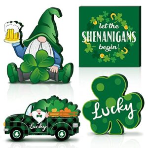 4 pieces st. patrick's day table decor wooden sign lucky shamrock table sign green gnome truck table centerpiece freestanding clover letter sign table decoration for irish holiday party decor