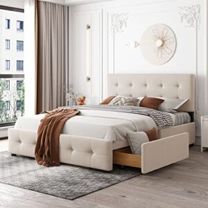 harper & bright designs queen size upholstered platform bed with storage, queen bed frame with 4 drawers and tufted headboard for teens adults, no box spring needed, beige