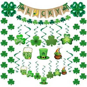 amandir 38pcs st. patrick's day decorations set, 2 lucky shamrock banners, 4 string of shamrocks garland, 16 st. patrick's hanging swirls with cutouts, pre-assembled for lucky day home party supplies