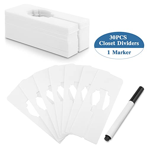 CALIDAKA 30 White Clothing Rack Size Dividers Rectangular Clothing Hangers Dividers with A Bo-nus Marker,Blank Hanger Separator Writable & Reusable for Sorting Clothes Size,Color(White,Size:5x2inch)