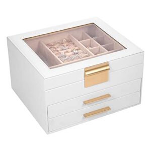 Zglori Jewelry Box, 3 Layers Jewelry Organizer with Glass Lid, 2 Drawers Jewelry Storage Case Holder for Women, Girls