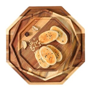 set of 3 acacia wood serving trays (8'' 10'' 12'') octagon wooden home decor platters for fruit, vegetables, dessert, charcuterie, appetizer serving tray, party entertaining, cheese board