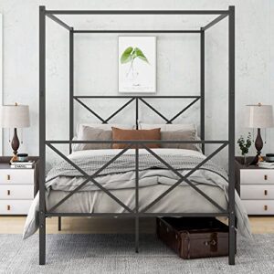 tensun full size metal canopy bed frame, platform bed frame with x shaped headboard and footboard,detachable bed frame no box spring needed/easy assembly black