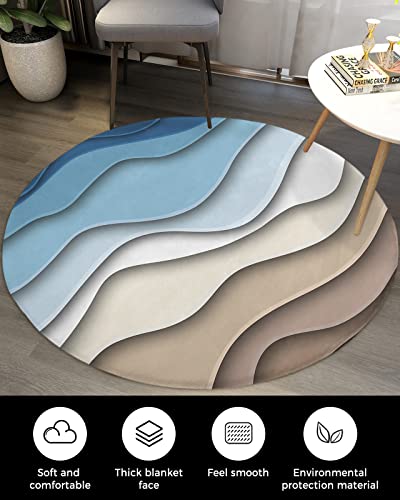 Blue White Brown Round Area Rug 3ft,Washable Outdoor Indoor Carpet Runner Rug for Bedroom,Kitchen,Bathroom,Living Room,Abstract Modern Ocean Seawaves Geometry Art Area+Rug Small Bath Door Desk Mat