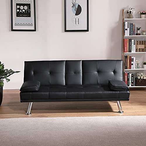 Woanke Black Leather Multifunctional Double Folding Sofa Bed with Coffee Table, Loveseat for Small Space, Apartment, Dorm, Living Room, Office