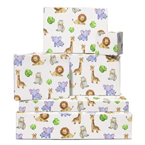 central 23 baby wrapping paper - 6 sheets of animal gift wrap and tags - hippo lion elephant giraffe - woodland safari jungle - for boys girls kids - for birthday or baby shower