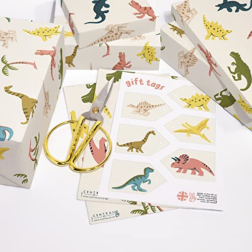 CENTRAL 23 Dinosaur Wrapping Paper for Kids - 6 Sheets of Gift Wrap and Tags - Dino and Palm Trees - Boys Birthday Gifts - Girls Birthday Wrapping Paper - Baby Shower - Recyclable - with Stickers