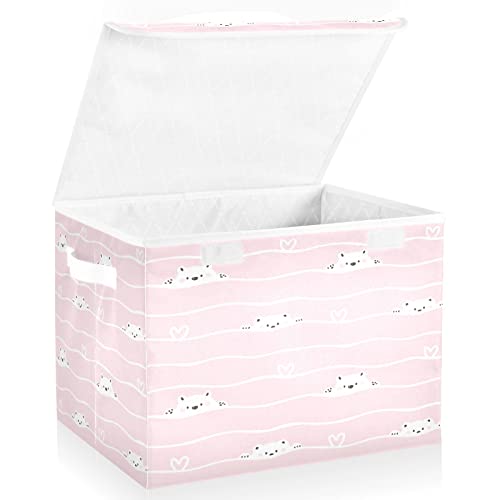 xigua Cartoon Bear Face Storage Bins with Lids, Large Collapsible Cube Storage Bin, Fabric Storage Box with Handles for Organizing Closet Shelf Home Office