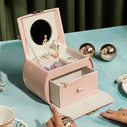 Vlando Kids Musical Jewelry Box for Girls with Drawer, Music Box with Ballerina and Stickers for Birthday Bedroom Decor, Pink