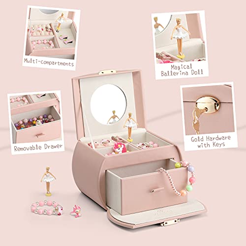 Vlando Kids Musical Jewelry Box for Girls with Drawer, Music Box with Ballerina and Stickers for Birthday Bedroom Decor, Pink