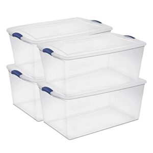 rebesco 4 pack latch box plastic 105 qt, clear plastic storage bins with lid, white & blue