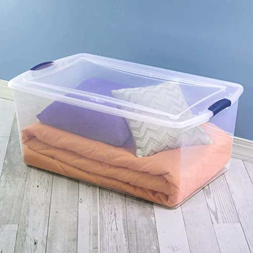 REBESCO 4 Pack Latch Box Plastic 105 Qt, Clear Plastic Storage Bins with Lid, White & Blue