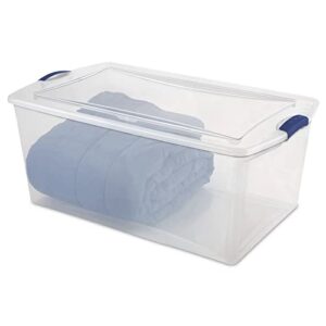 REBESCO 4 Pack Latch Box Plastic 105 Qt, Clear Plastic Storage Bins with Lid, White & Blue