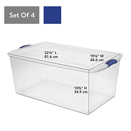 REBESCO 4 Pack Latch Box Plastic 105 Qt, Clear Plastic Storage Bins with Lid, White & Blue