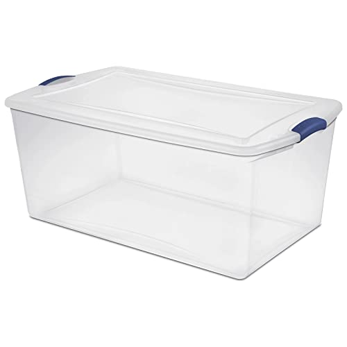 REBESCO 4 Pack Latch Box Plastic 105 Qt, Clear Plastic Storage Bins with Lid, White & Blue