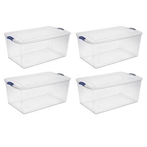 REBESCO 4 Pack Latch Box Plastic 105 Qt, Clear Plastic Storage Bins with Lid, White & Blue