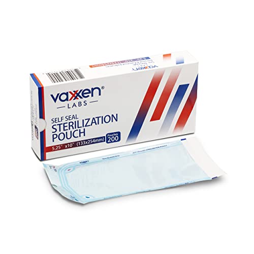 Vaxxen Labs 5.25" x 10" Autoclave Dual Indicator Self-Sealing Sterilization Pouches for Cleaning Dental & Medical Instruments - 200 Count