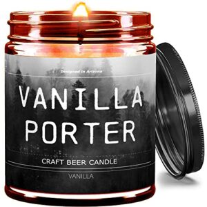 vanilla porter candles for men, unique gifts for men, luxury vanilla candles, scented soy mens candle, aromatherapy black candle for room decor for men, soy candles gifts for him