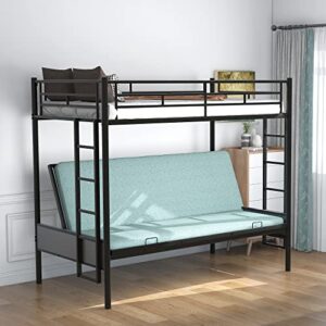 twin-over-futon convertible couch and bed, metal futon bunk bed with guardrails and ladder, sturdy steel foldable sofa-bed for kids adults teens (twin over full metal bunk bed, twin)