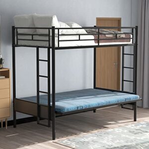 Twin-Over-Futon Convertible Couch and Bed, Metal Futon Bunk Bed with Guardrails and Ladder, Sturdy Steel Foldable Sofa-Bed for Kids Adults Teens (Twin Over Full Metal Bunk Bed, Twin)