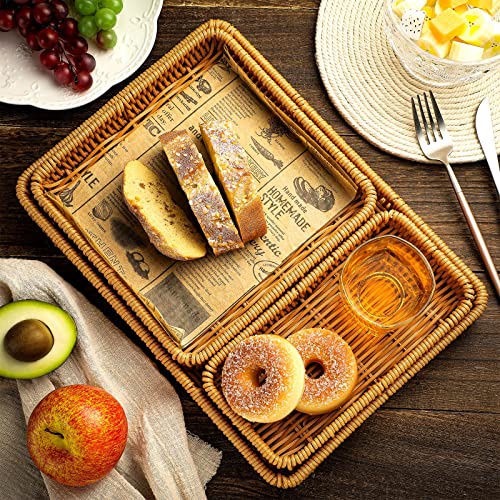 3 Pcs Rattan Serving Tray Rectangular Wicker Basket Woven Rattan Basket Tray Handmade Weaving Storage Basket Organizing Bathroom Platter for Coffee Bread Fruit Drinks Snack Table Countertop, 3 Sizes