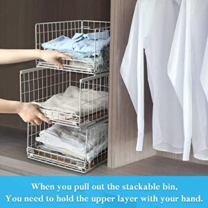 3-tier Sliding Closet Organizers and Drawer Storage Shelves, Stackable Storage Bins for Jean Sweaters, Metal Drawer Shelf Clothes Storage Container, Wardrobe Cupboard Organizer for Folded Clothe-White