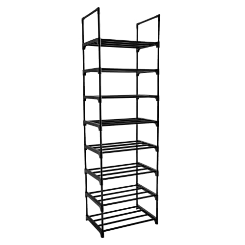 FIDUCIAL HOME: Simple Shoe Rack Organizer, 8-Tiers Stackable with side Hooks for Entryway, 16-20 Pairs Metal Shoe Shelve, Black