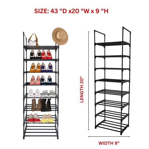 FIDUCIAL HOME: Simple Shoe Rack Organizer, 8-Tiers Stackable with side Hooks for Entryway, 16-20 Pairs Metal Shoe Shelve, Black