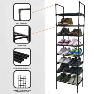 FIDUCIAL HOME: Simple Shoe Rack Organizer, 8-Tiers Stackable with side Hooks for Entryway, 16-20 Pairs Metal Shoe Shelve, Black