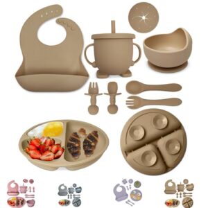 mutualproducts - baby feeding set 10-piece | baby led weaning utensils set includes suction bowl and plate, baby spoon and fork, sippy cup with straw and lid | baby feeding supplies set (b-beige)