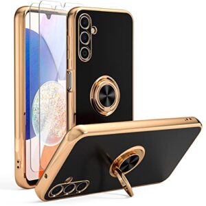 jasmeas case compatible with samsung galaxy a14 5g with 2 screen protector, with ring holder plating rose gold edge 360° kickstand cover slim soft flexible tpu protective phone cases for women-black