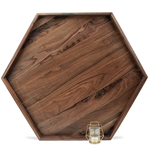 MAGIGO 30 x 26 Inches Extra Large Hexagonal Black Walnut Wood Ottoman Tray with Handles, Serve Tea, Coffee, Classic Hexagon Wooden Decorative Serving Tray