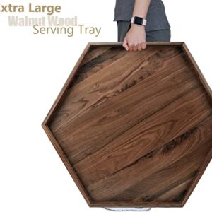 MAGIGO 30 x 26 Inches Extra Large Hexagonal Black Walnut Wood Ottoman Tray with Handles, Serve Tea, Coffee, Classic Hexagon Wooden Decorative Serving Tray