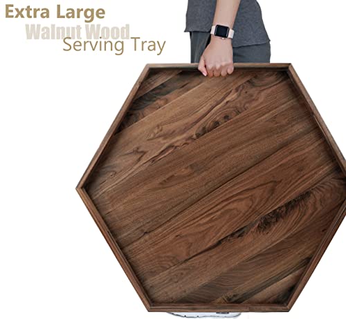 MAGIGO 30 x 26 Inches Extra Large Hexagonal Black Walnut Wood Ottoman Tray with Handles, Serve Tea, Coffee, Classic Hexagon Wooden Decorative Serving Tray