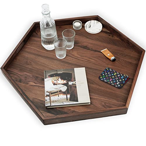 MAGIGO 30 x 26 Inches Extra Large Hexagonal Black Walnut Wood Ottoman Tray with Handles, Serve Tea, Coffee, Classic Hexagon Wooden Decorative Serving Tray