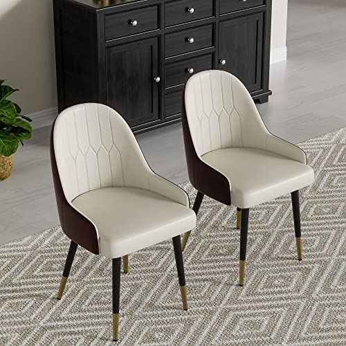 Cozy Castle Faux Leather Dining Chairs Set of 2 with Metal Legs, Upholstered Side Chairs, Kitchen Accent Chiars for Dining Room, Kitchen, Beige&Brown