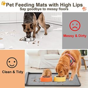 Dog Food Mat - Silicone Dog Mat for Food and Water - 36" x 24" Large Pet Feeding Mats with Residue Collection Pocket - Waterproof Dog Cat Bowl Mat with High Edges to Prevent Water Food Spills (Gray)