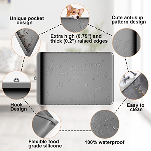 Dog Food Mat - Silicone Dog Mat for Food and Water - 36" x 24" Large Pet Feeding Mats with Residue Collection Pocket - Waterproof Dog Cat Bowl Mat with High Edges to Prevent Water Food Spills (Gray)