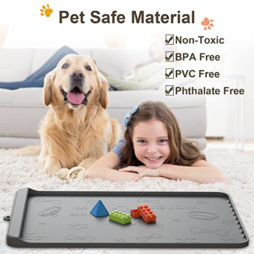 Dog Food Mat - Silicone Dog Mat for Food and Water - 36" x 24" Large Pet Feeding Mats with Residue Collection Pocket - Waterproof Dog Cat Bowl Mat with High Edges to Prevent Water Food Spills (Gray)