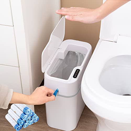 WDPUCHU Bathroom Trash Can with Lid,4.2 Gallons Touchless Garbage Can for Bedroom,Automatic Plastic Slim Trash Bin for Office,Living Room, White,with 10 Pack Drawstring Garbage Bags