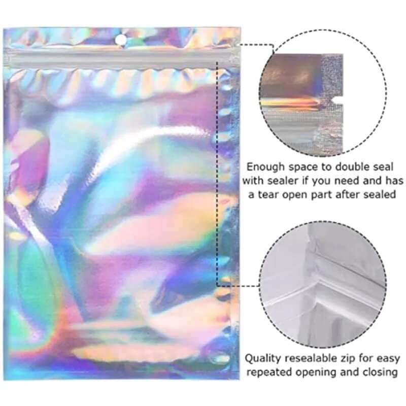 Mylar Bags Pack of 100 - Resealable Bags for Small Business 3x4 Holographic Bags - Smell Proof Bags with Clear Side, Scent Proof Bags for Freshies and Small Ziplock Bags for Jewelry/Lip Gloss