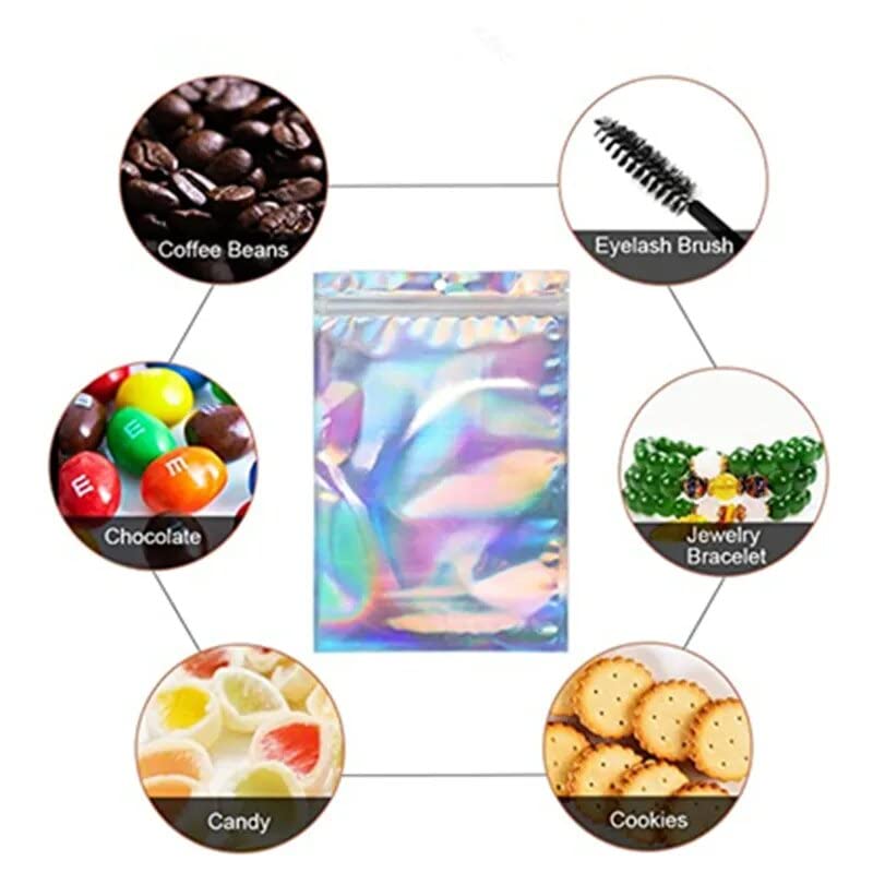 Mylar Bags Pack of 100 - Resealable Bags for Small Business 3x4 Holographic Bags - Smell Proof Bags with Clear Side, Scent Proof Bags for Freshies and Small Ziplock Bags for Jewelry/Lip Gloss