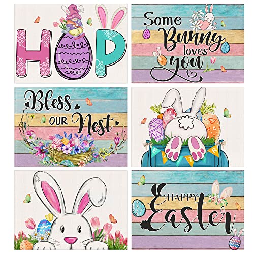 Pinata Easter Placemats, Easter Decorations - Placemats Set of 6 Kitchen Decor, Bunny Place Mats for Dinner Party Decoration, Rectangle Peeps Truck Hip Hop Table Mats12x18inch Spring Decor