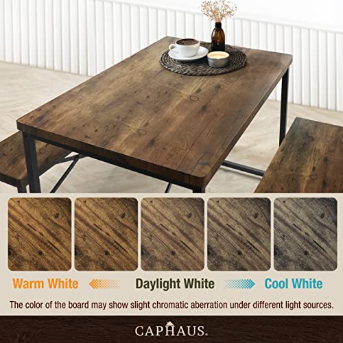 CAPHAUS 3 Pieces Dining Table Set for 4 w/Benches, Rectangular Dining Room Set, Modern Wood Bench Dining Room Table Set, Metal Frame Space-Saving Dining Set, Dining Table w/Two Benches, Rustic Oak