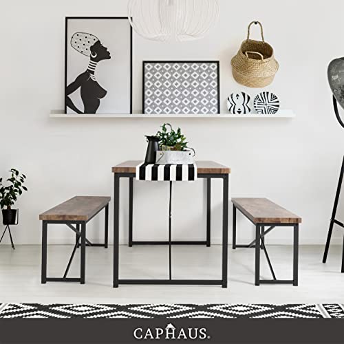 CAPHAUS 3 Pieces Dining Table Set for 4 w/Benches, Rectangular Dining Room Set, Modern Wood Bench Dining Room Table Set, Metal Frame Space-Saving Dining Set, Dining Table w/Two Benches, Rustic Oak